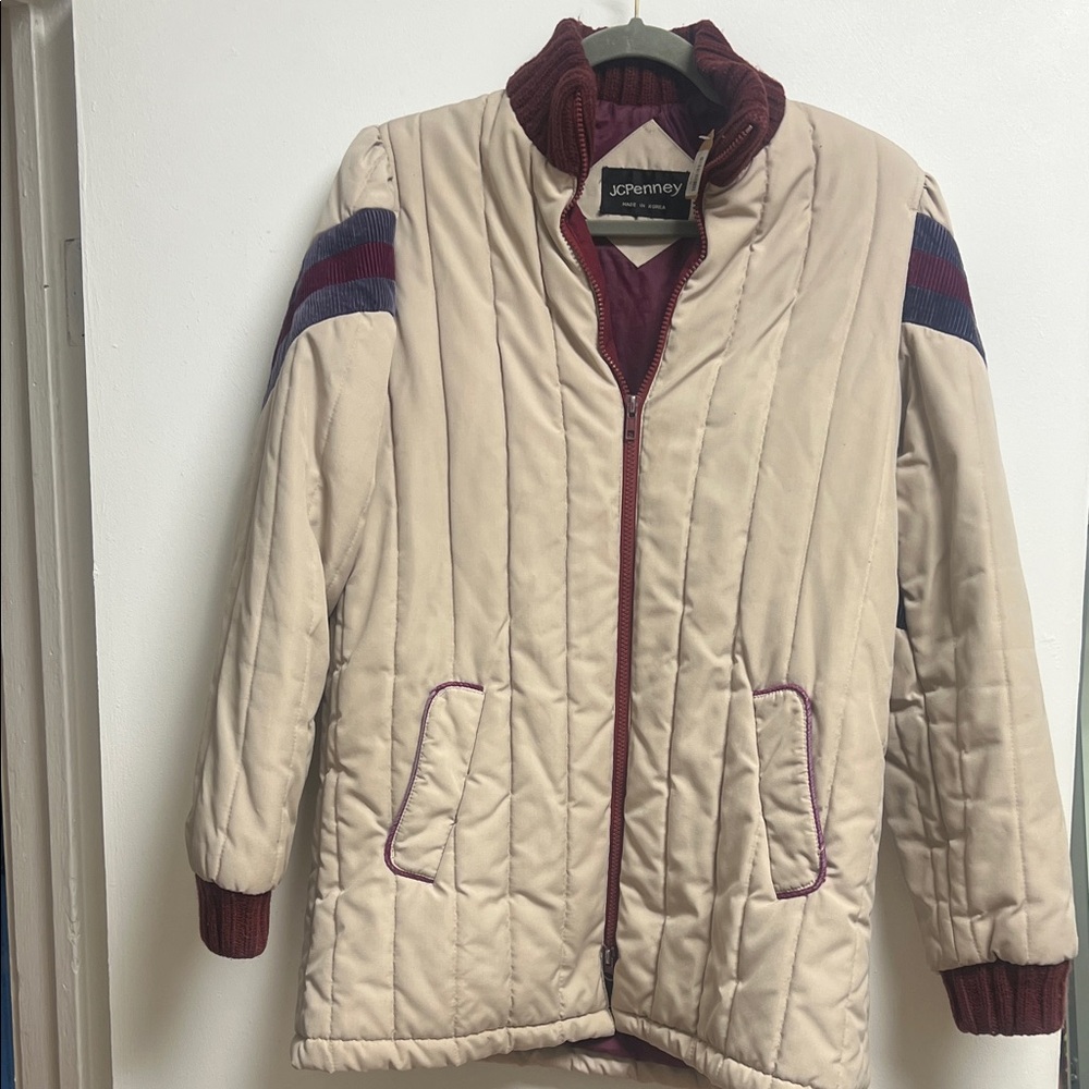 JCPenney 70s 80s Cream Quilted Puffer Jacket with Burgundy & Navy Corduroy Mediu